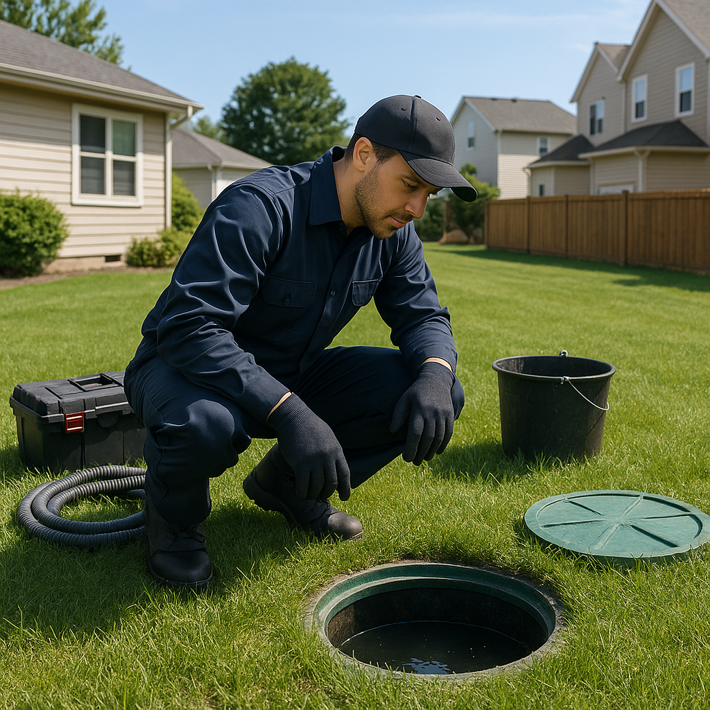 Septic technician inspecting system at a Frisco home
